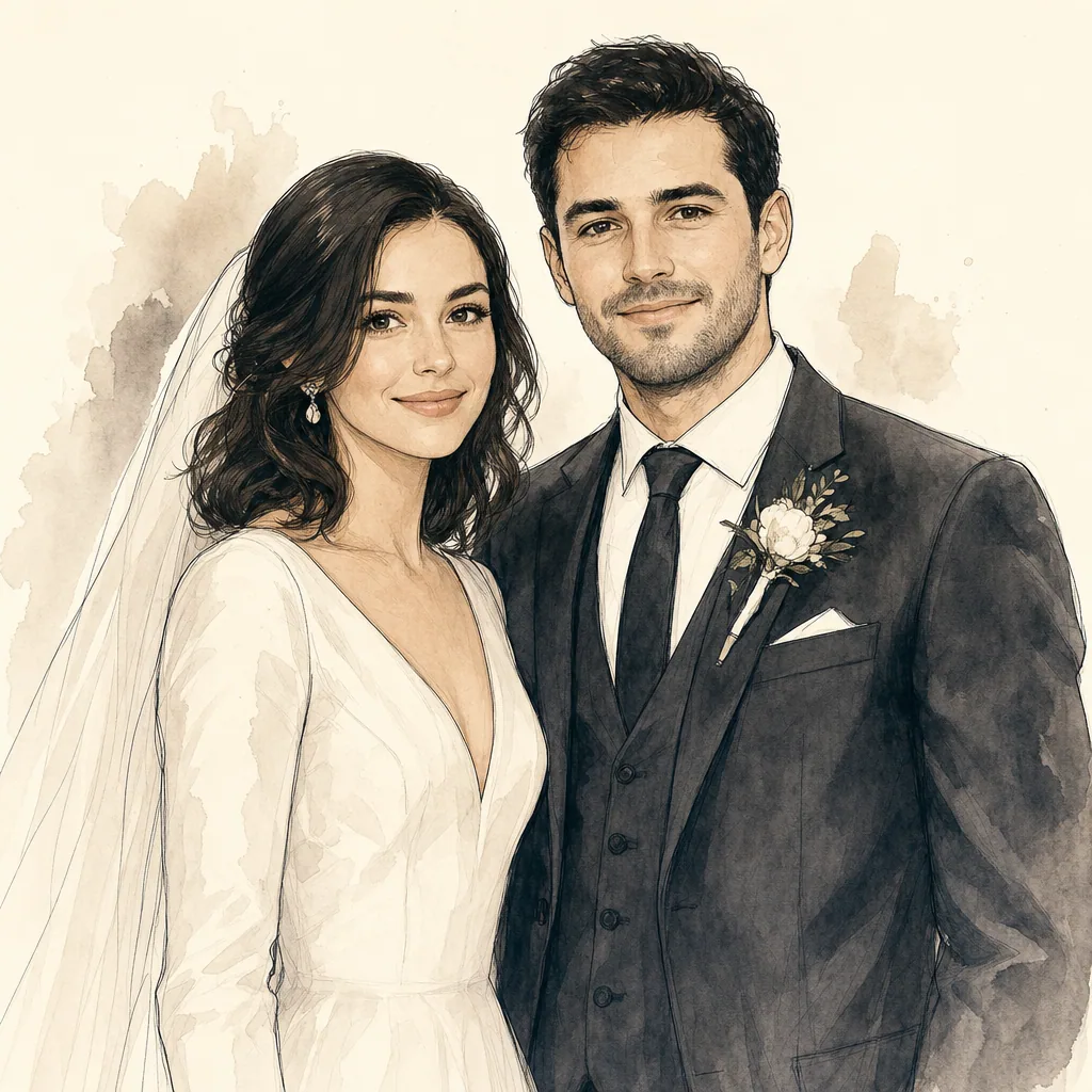 Editorial style sample — clean line-and-wash illustration of a couple.