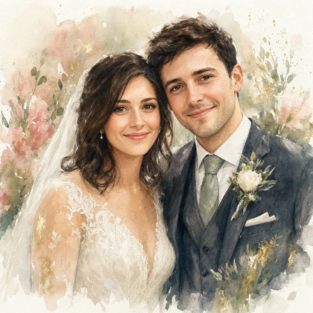 Watercolour style sample — soft pastel washes of a couple in wedding attire.