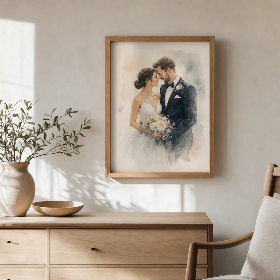 Couple Portrait Canvas — framed, shown in a styled interior