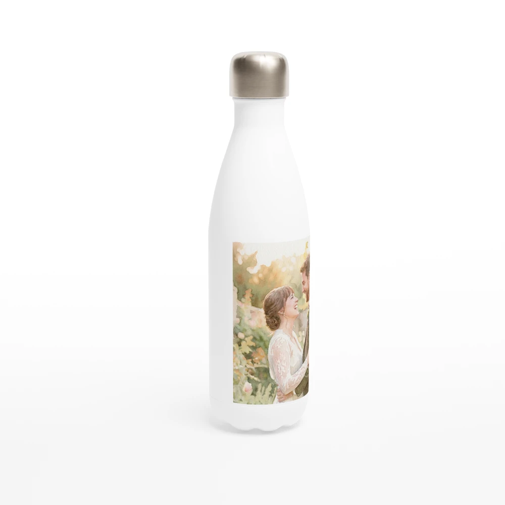Gelato product render: a watercolour of a laughing bride and groom in a garden printed on a panel on the front of a white stainless steel bottle