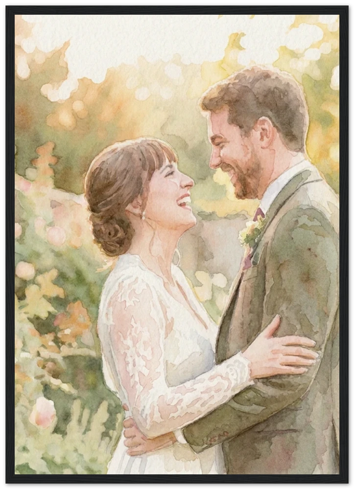 Gelato product render: a watercolour of a laughing bride and groom in a garden printed and framed in a black frame