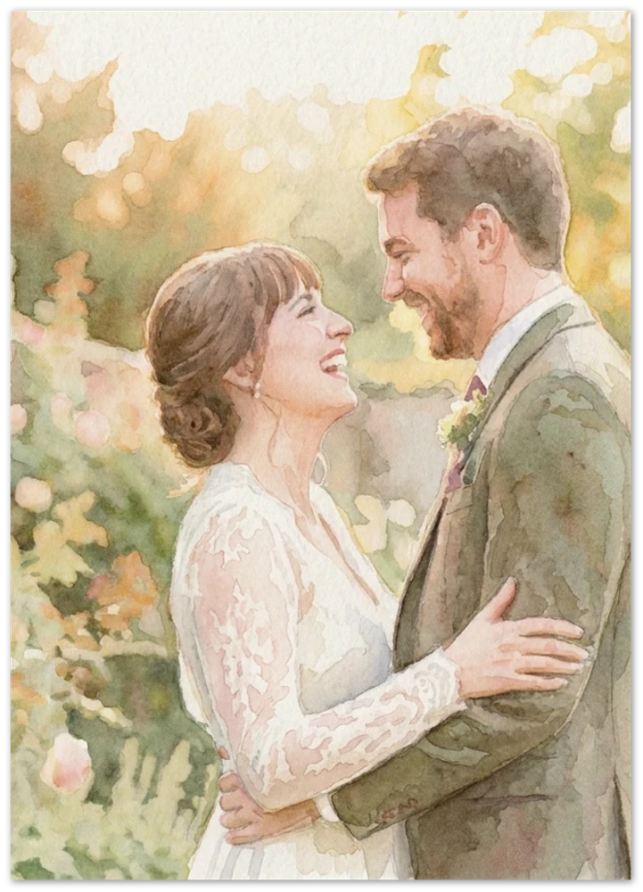 Gelato product render: a watercolour of a laughing bride and groom in a garden on an unframed paper print