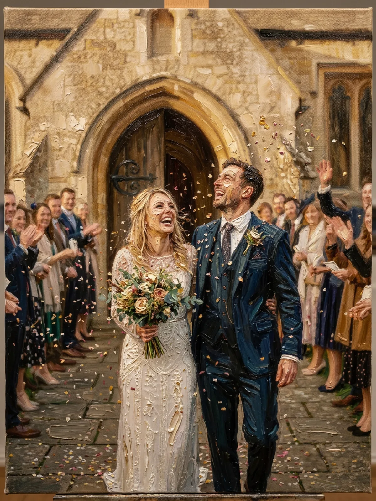 The same couple painted as a warm romantic oil portrait