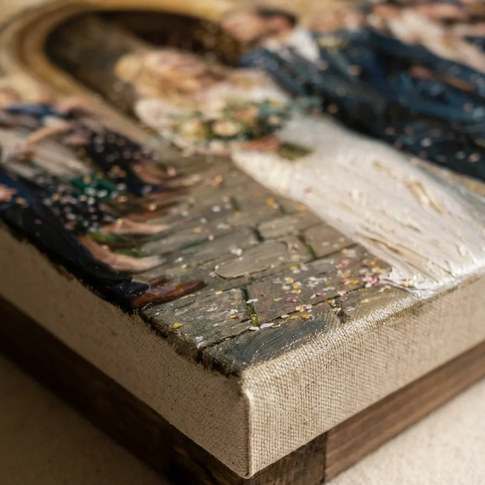 Corner of a gallery-wrapped canvas print showing paint texture and deep wrap