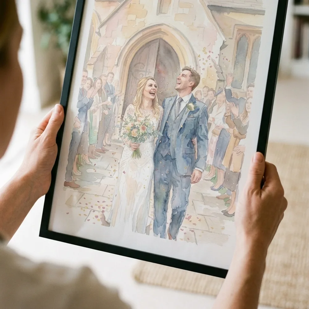 Hands holding a framed watercolour couple portrait