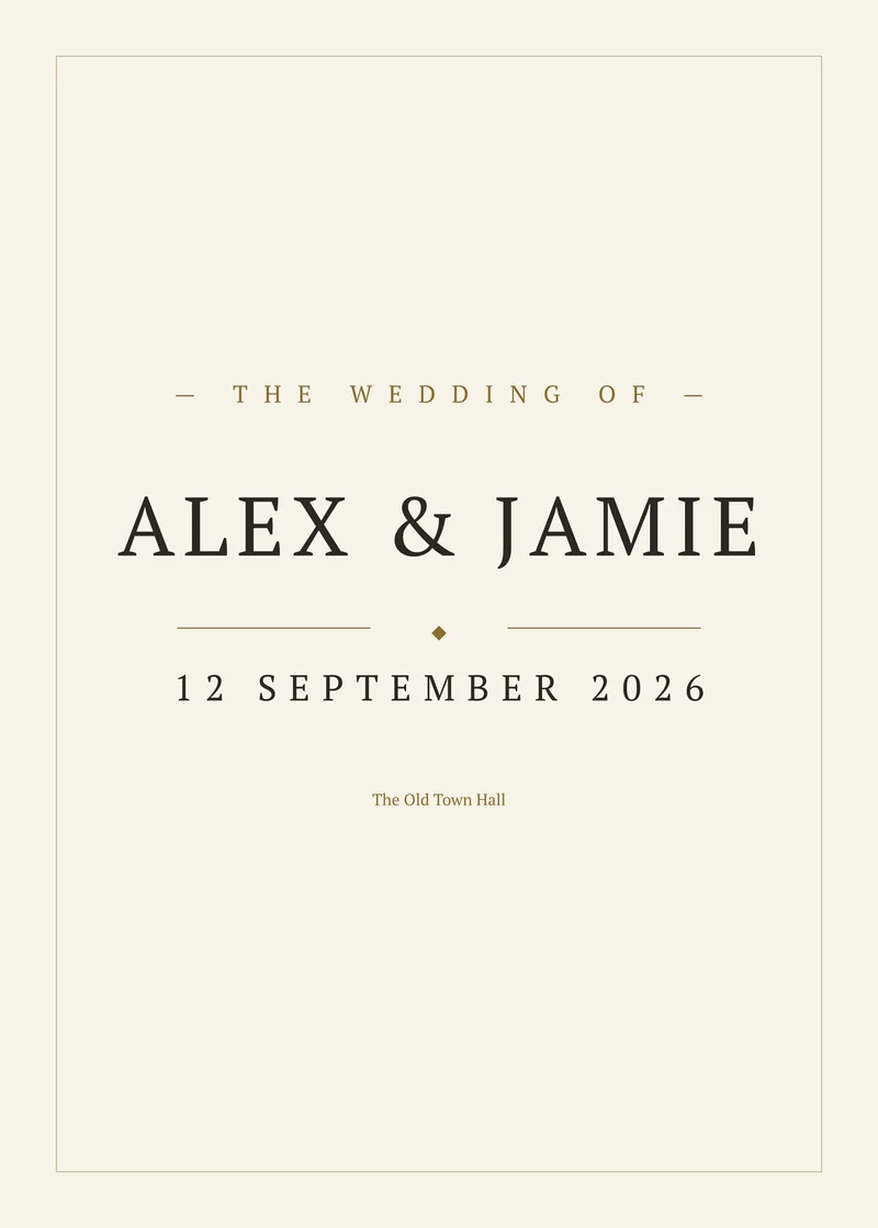 The Wedding Date Print as our print file renders it, with the example names Alex and Jamie, 12 September 2026 and The Old Town Hall.