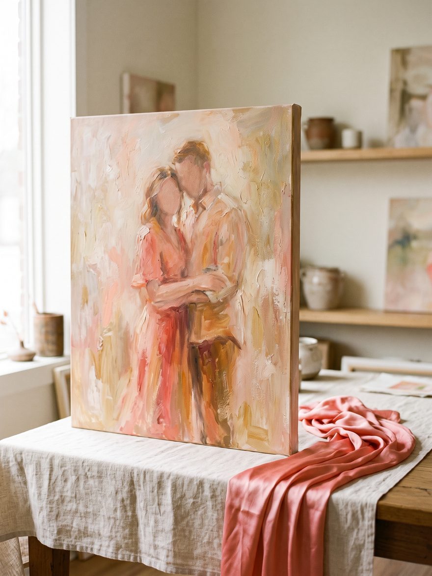 A couple portrait as an oil painting, in warm coral-pink and amber on a gallery-wrapped canvas.