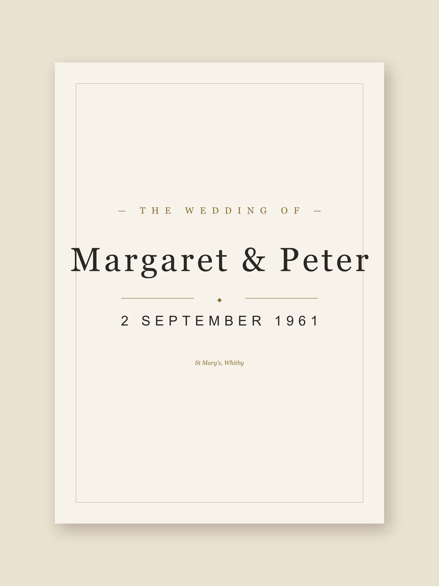 A wedding date print reading Margaret & Peter, 2 SEPTEMBER 1961, St Mary's, Whitby, set in type on pale paper.