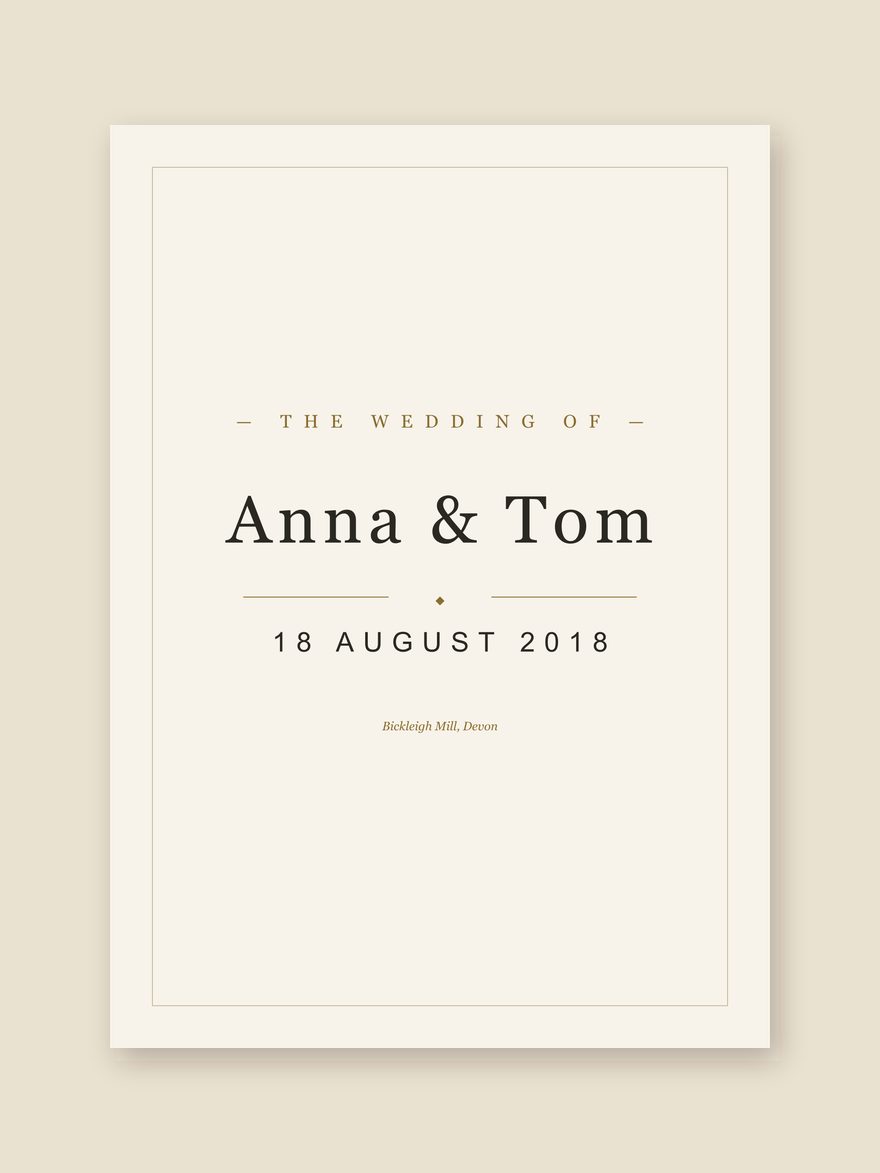 A wedding date print reading Anna & Tom, 18 AUGUST 2018, Bickleigh Mill, Devon, set in type on pale paper.