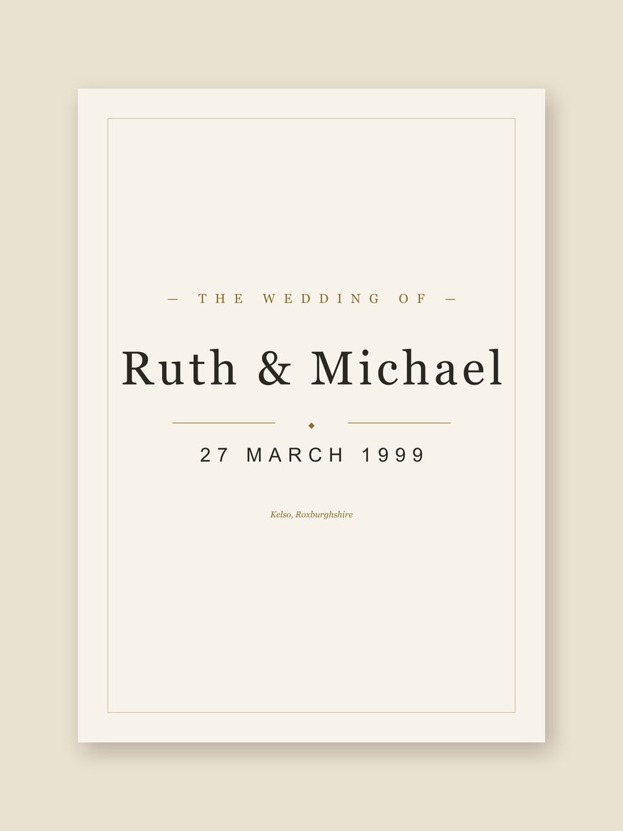 A wedding date print reading Ruth & Michael, 27 MARCH 1999, Kelso, Roxburghshire, set in type on pale paper.