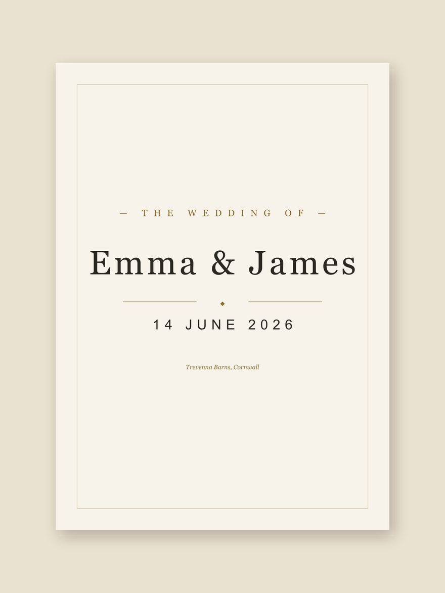 A wedding date print reading Emma & James, 14 JUNE 2026, Trevenna Barns, Cornwall, set in type on pale paper.