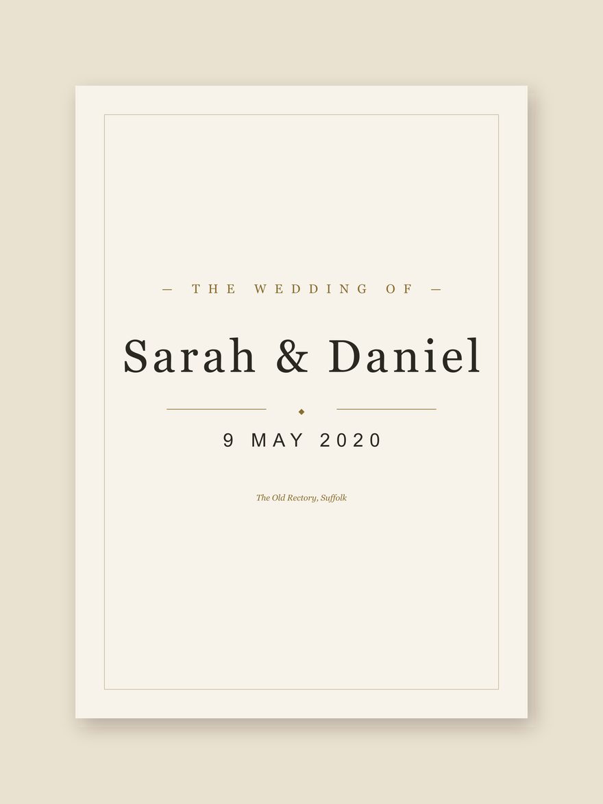 A wedding date print reading Sarah & Daniel, 9 MAY 2020, The Old Rectory, Suffolk, set in type on pale paper.