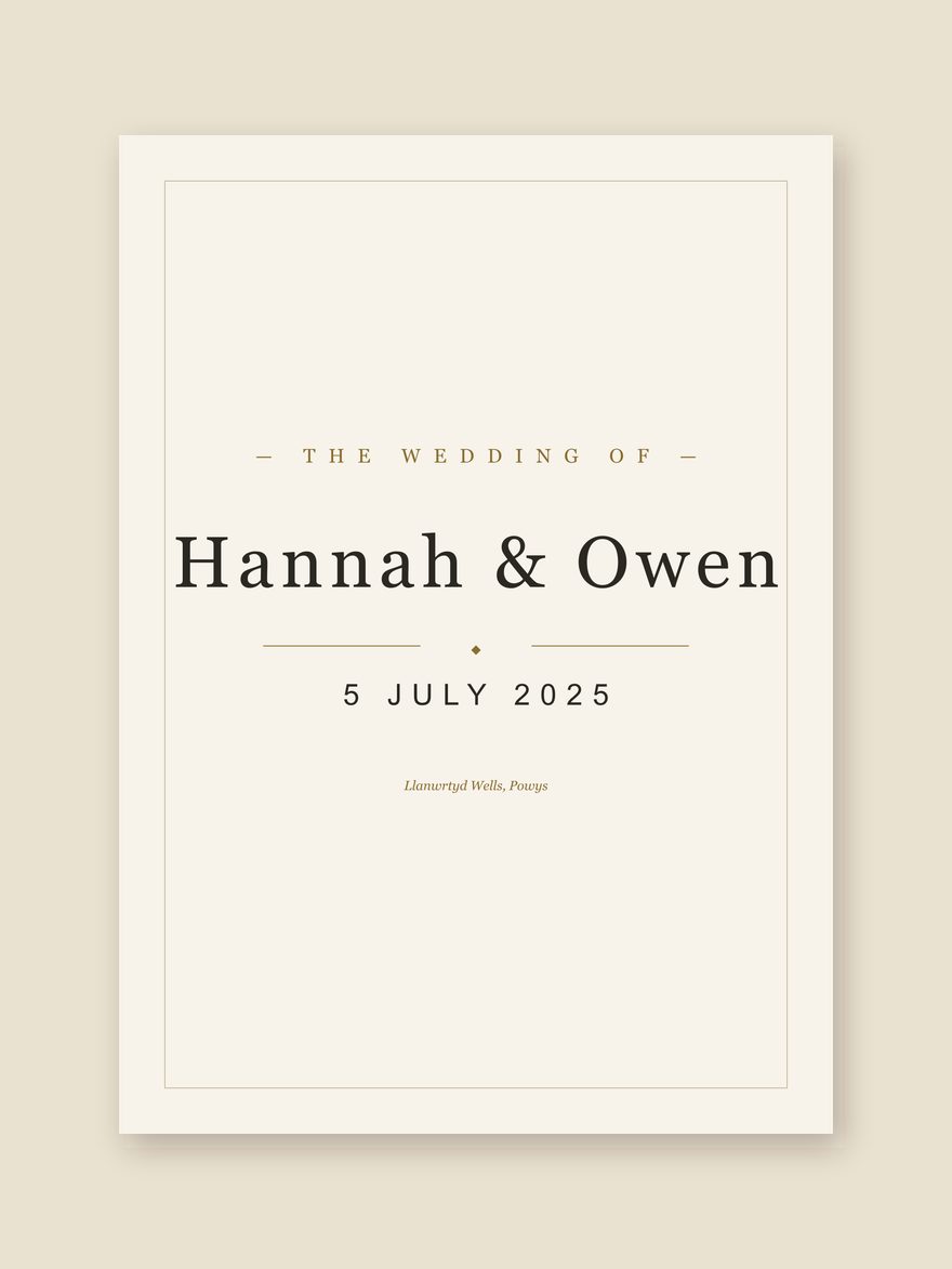 A wedding date print reading Hannah & Owen, 5 JULY 2025, Llanwrtyd Wells, Powys, set in type on pale paper.