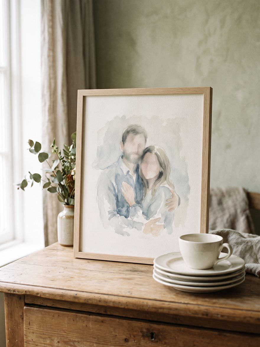 A blue-grey watercolour couple portrait framed in pale wood beside a stack of white china plates.