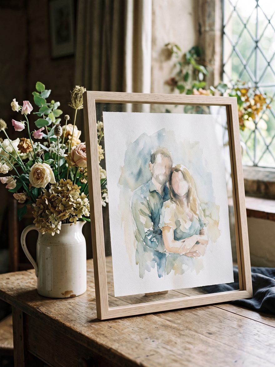 A couple portrait as a watercolour, framed behind clear acrylic glazing in a plain pale oak frame.