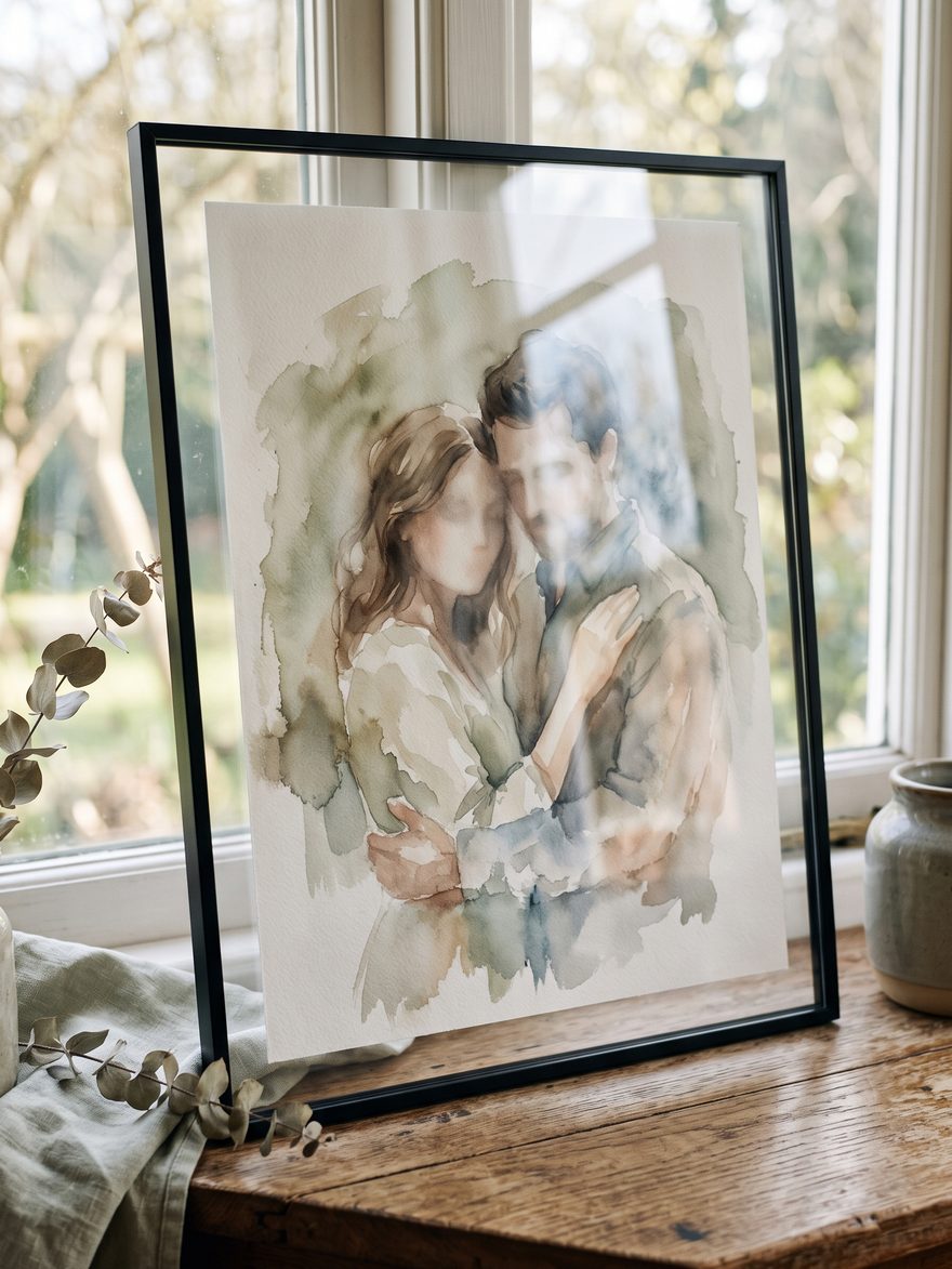 A couple portrait as a watercolour, framed behind clear acrylic glazing in a slim black frame.