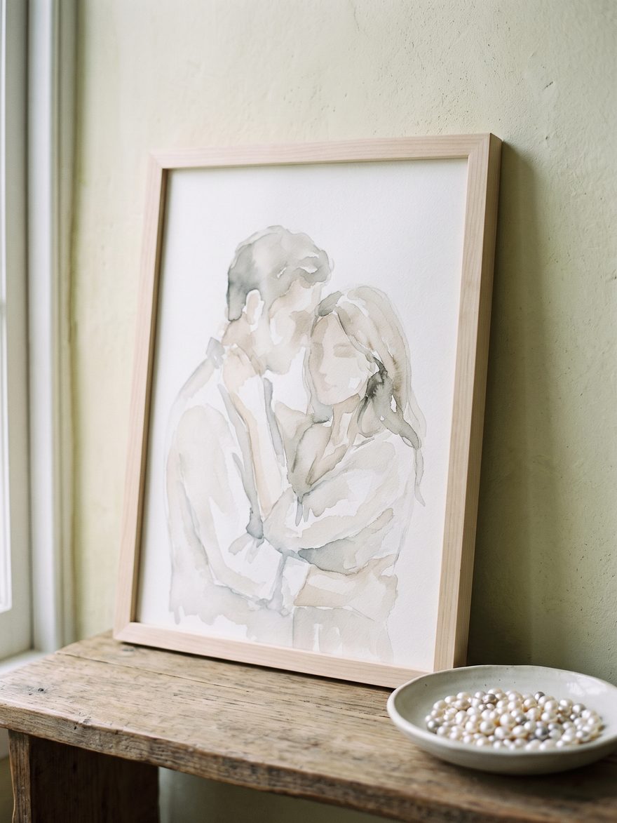 A couple portrait as a watercolour, in pale pearl and oyster tones, framed in plain natural wood.