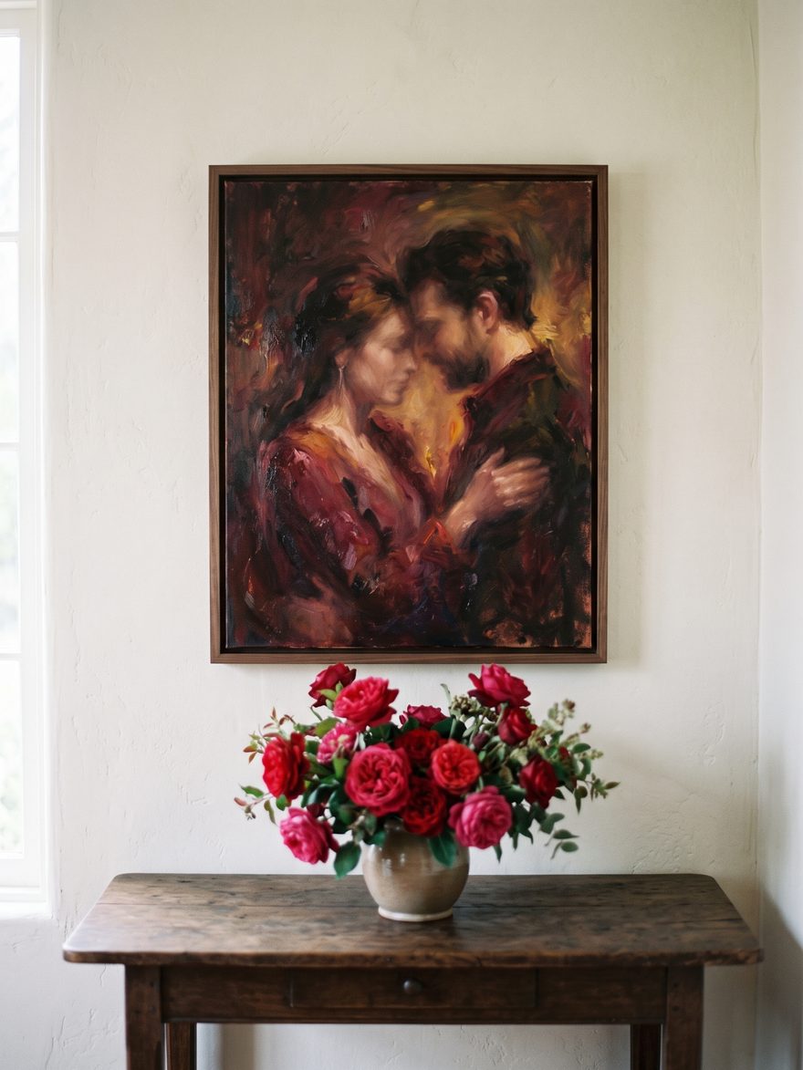 A couple portrait as an oil painting, in deep ruby and garnet tones, framed in dark wood.