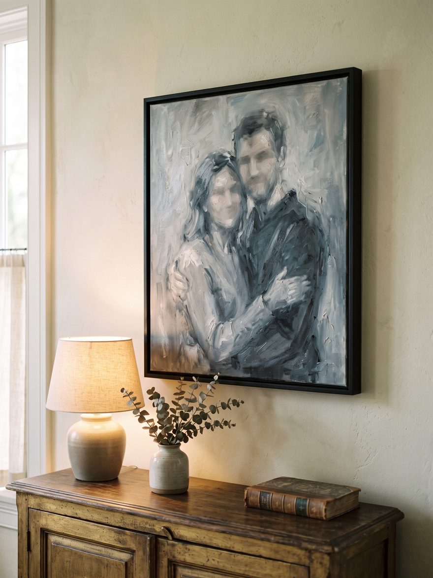 A couple portrait in cool silver-grey oil, framed in a slim black frame above a sideboard.