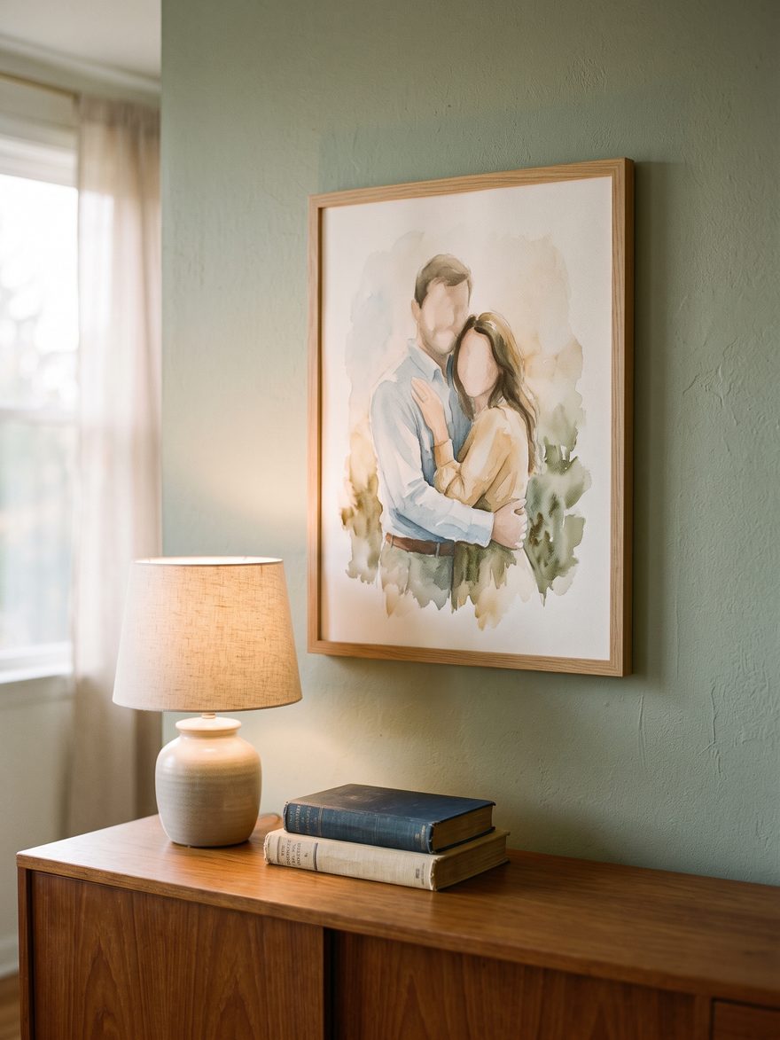 A couple portrait in watercolour, framed and hung on a living-room wall above a sideboard.