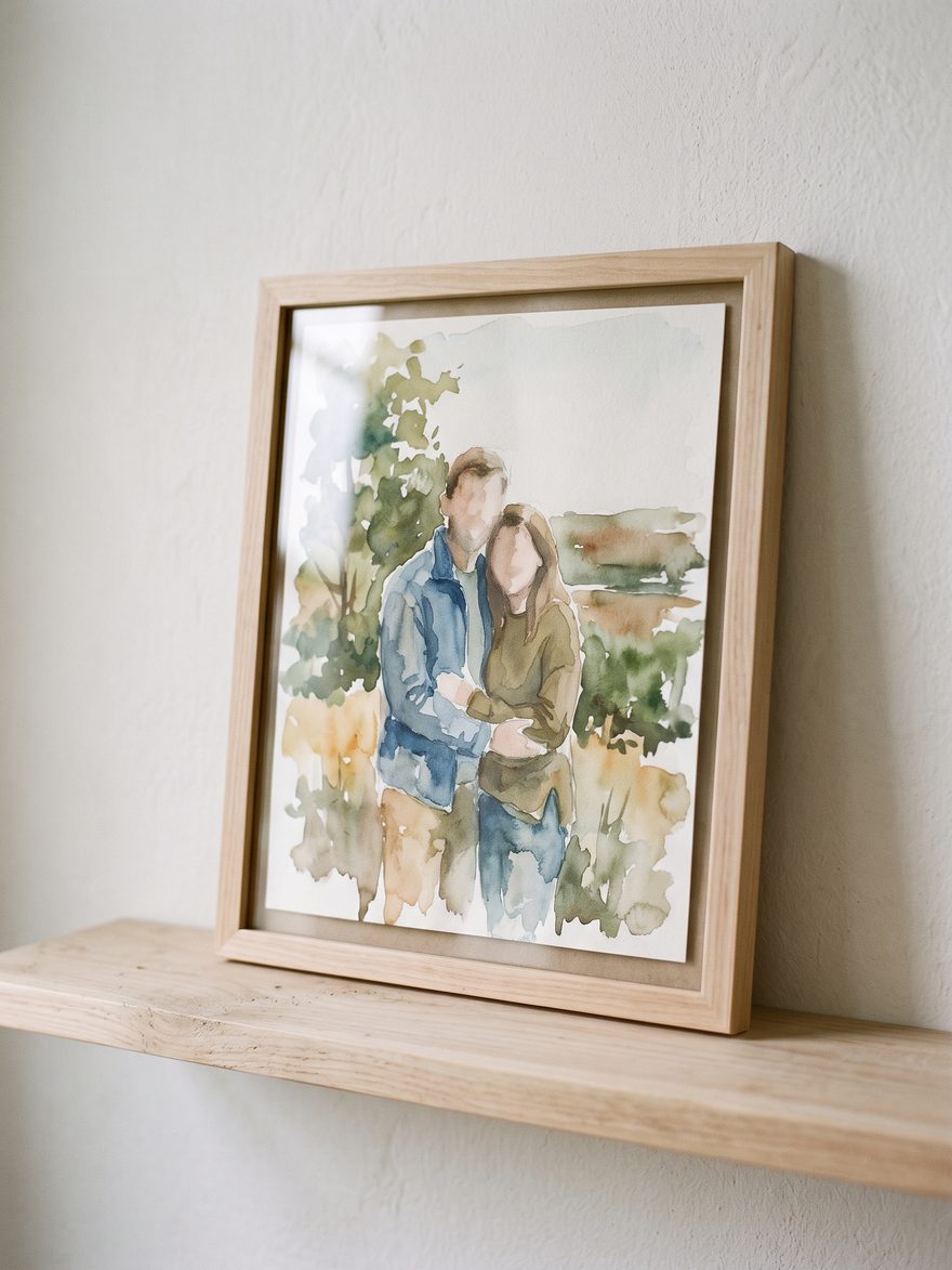 A couple portrait in watercolour, framed simply in pale wood and propped on a bare shelf.