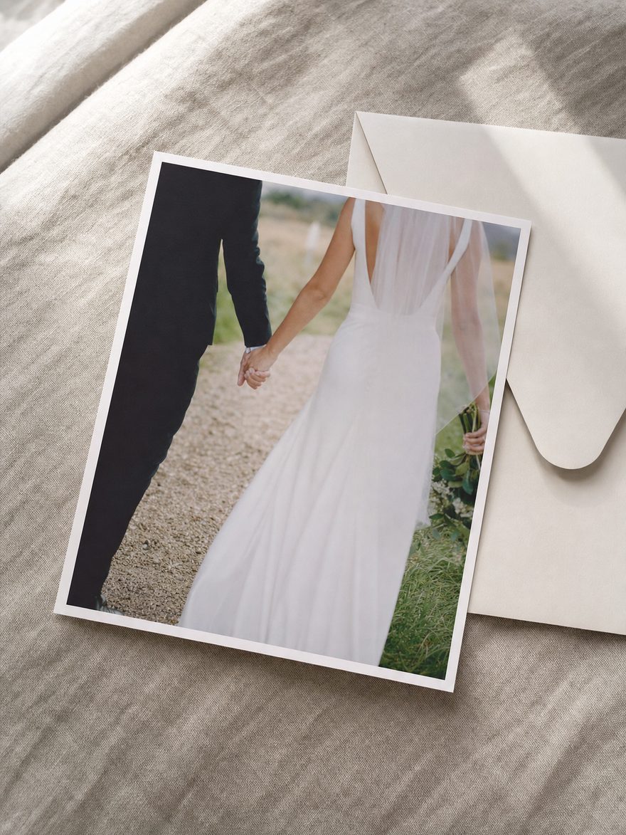 A modern wedding photograph printed on thick matte paper at album size.