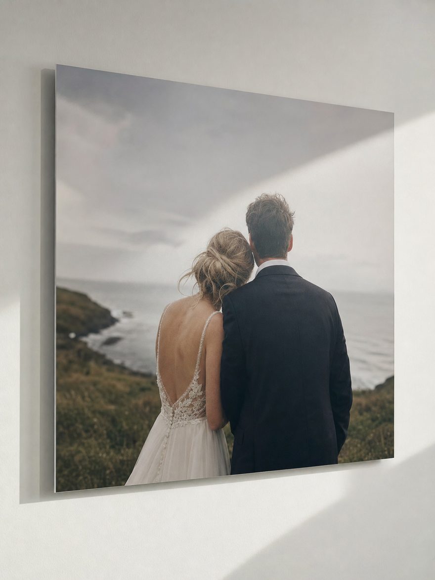 A wedding photograph printed onto a flat sheet of bare matte metal with a plain square-cut edge.
