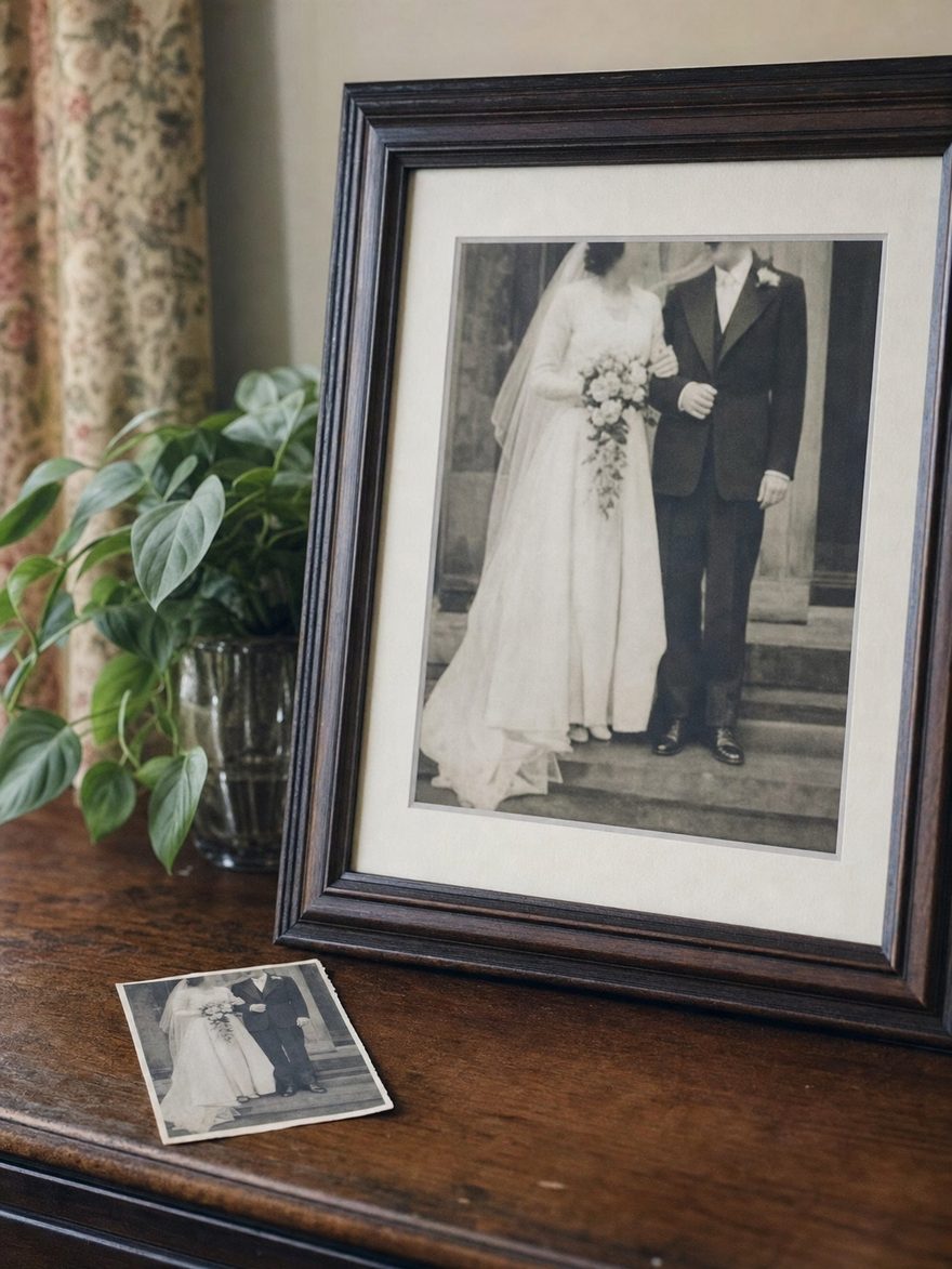 An old black-and-white wedding photograph from the 1950s, copied and printed large on matte paper.