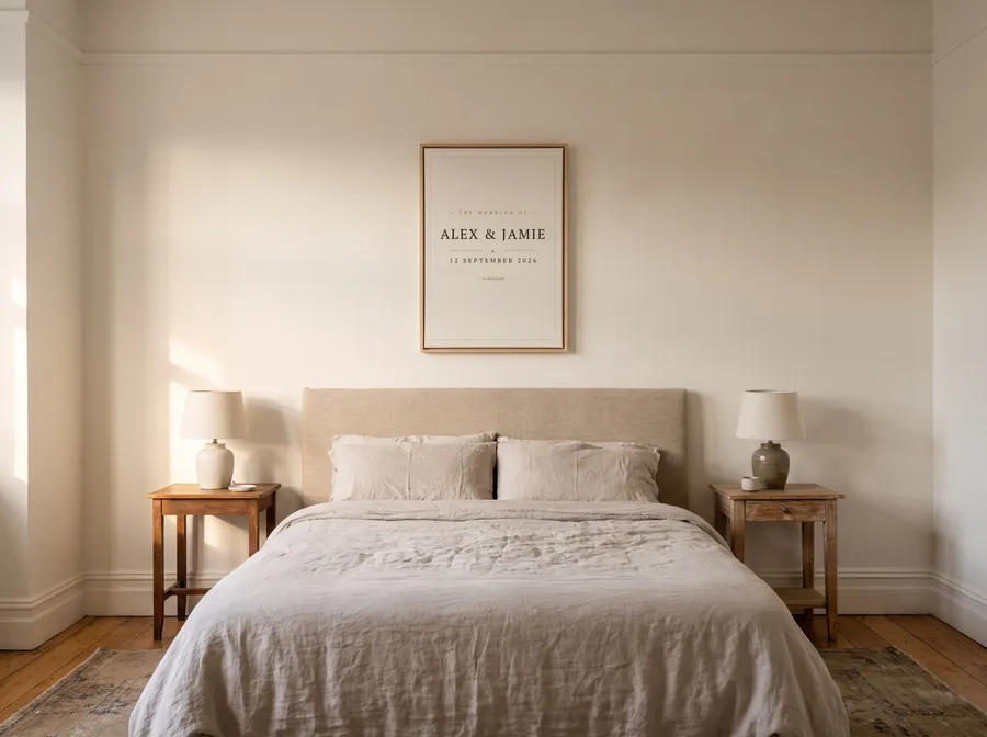 Example: a natural wood framed canvas with a wedding date print hung above a bed