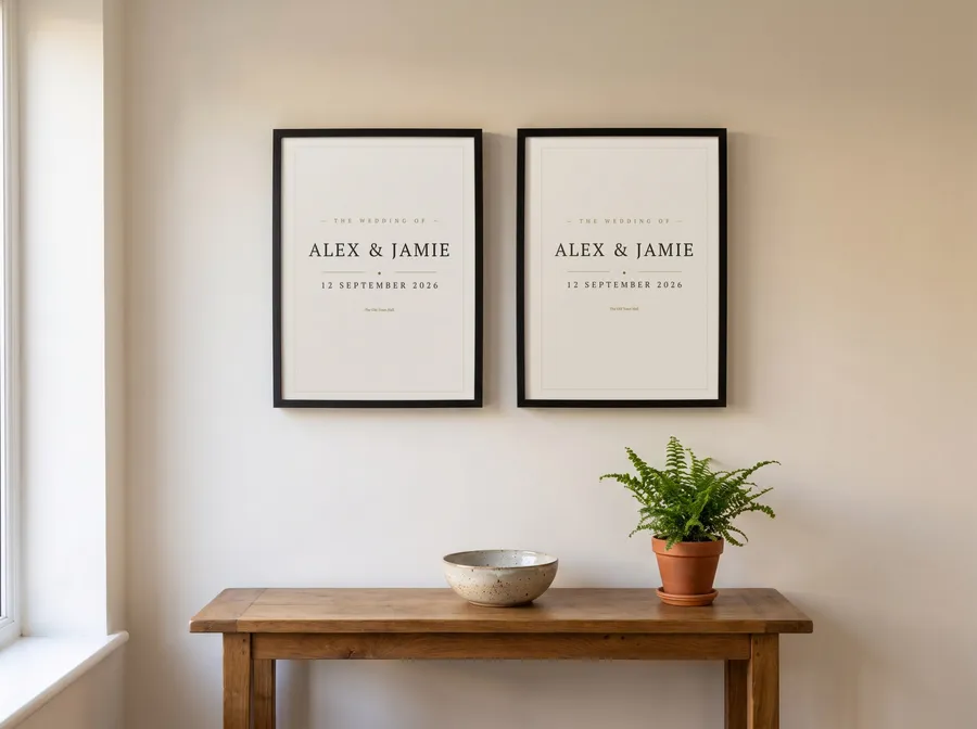 Example: a pair of black framed A3 date prints above a hall table