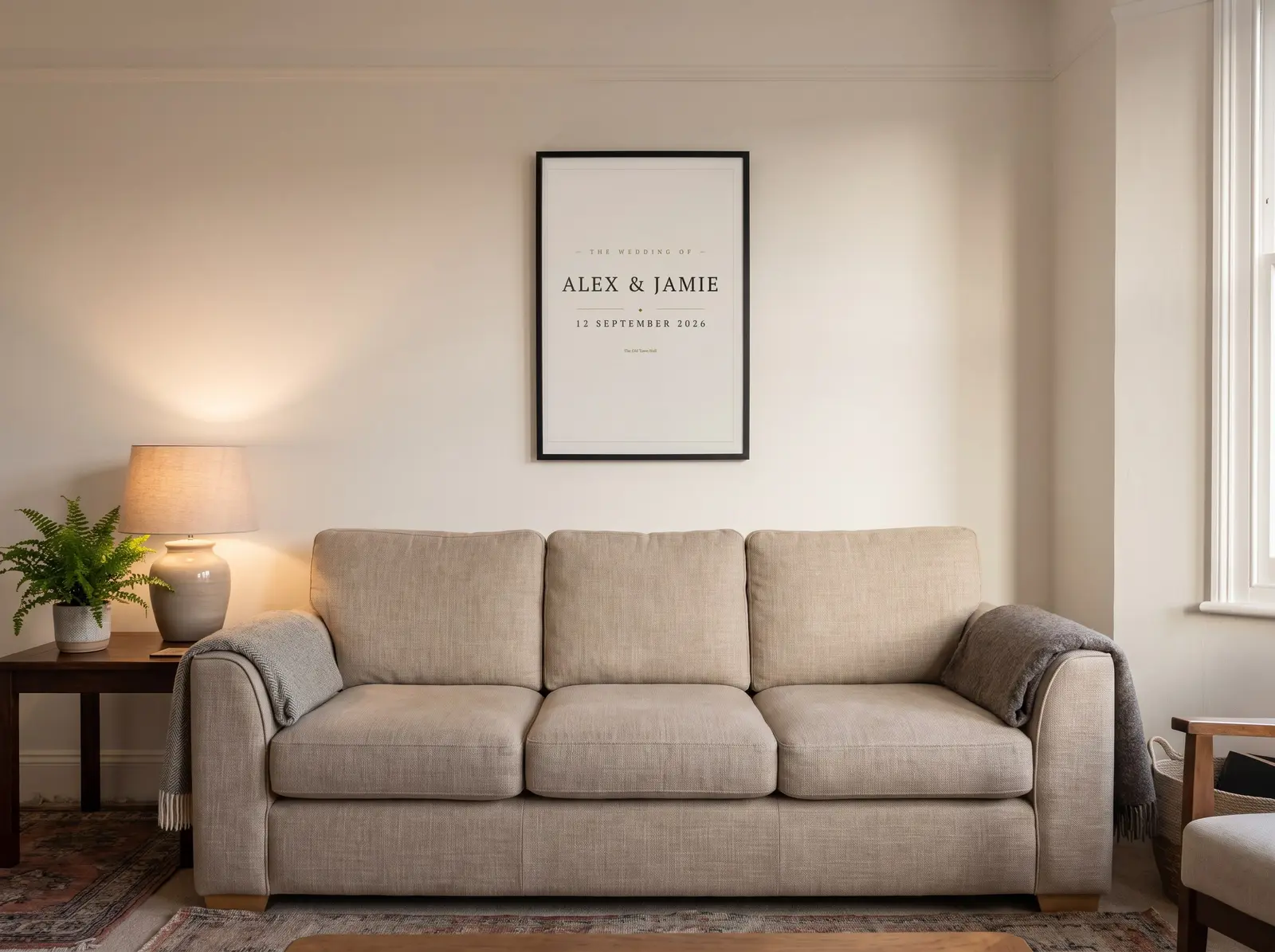 Example: a black framed A2 wedding date print hung above a sofa